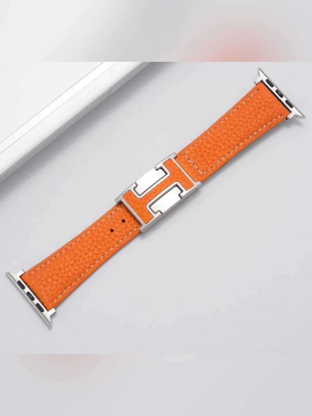 Watch Strap - Orange Leather with Contrast White Stitching 46mm